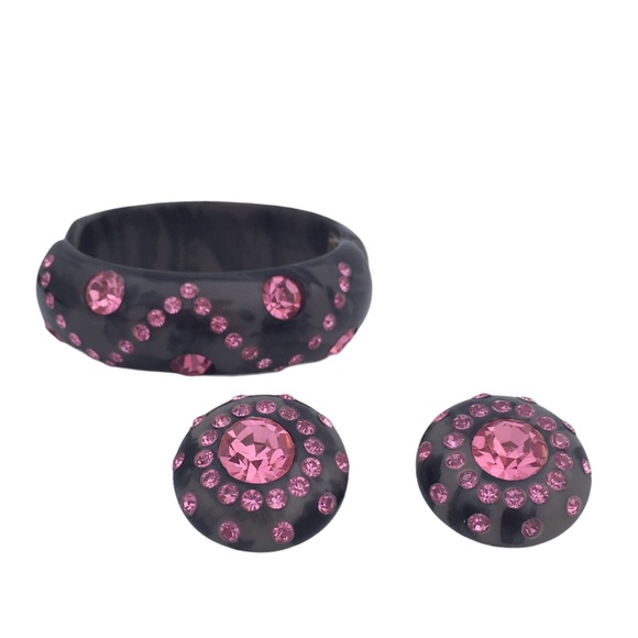 Vintage Marbled Rhinestone Clamper Bracelet Earrin - Picture 6 of 6